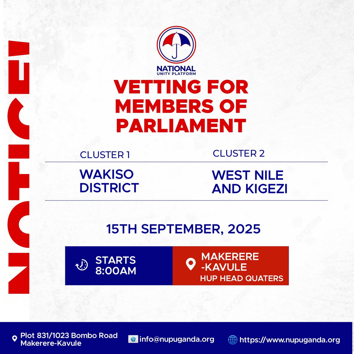 Today we shall be vetting  our candidates for Members of parliament from Wakiso District, west Nile and Kigezi. 

#ProtestVoteUg2026