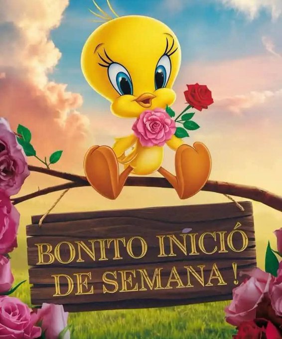 Tweety Bird sitting on a branch with pink and red roses. A wooden sign below reads "Bonito Inicio de Semana!" A sunset sky with clouds and green grass is in the background.