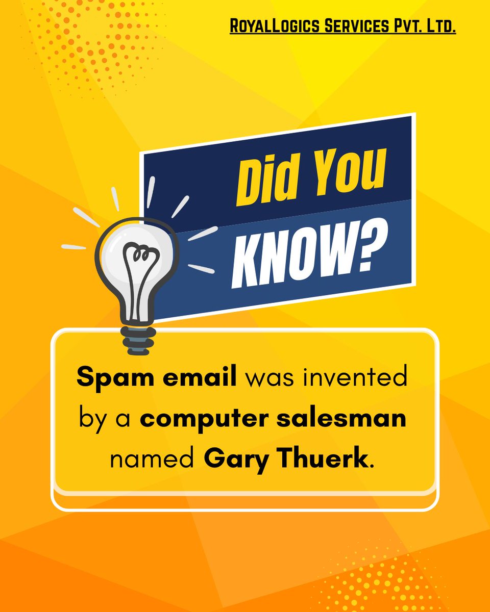 Royallogics1's tweet image. 📧 The First Spam Email in History! 🚀

In 1978, computer salesman Gary Thuerk sent the first mass unsolicited email to 400 people on ARPANET, promoting a DEC computer — now known as the world’s first spam email! 🖥️✨

#TechHistory #SpamEmail #InternetFacts #GaryThuerk