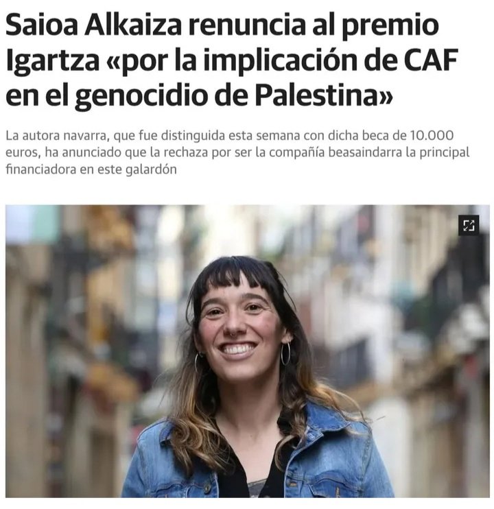 La bertsolari y escritora Saioa Alkaiza renuncia a una beca de 10.000€ por estar manchada de sangre de niños palestinos.
El padre de Milhouse debió dibujarla a ella cuando le tocó dibujar la DIGNIDAD.