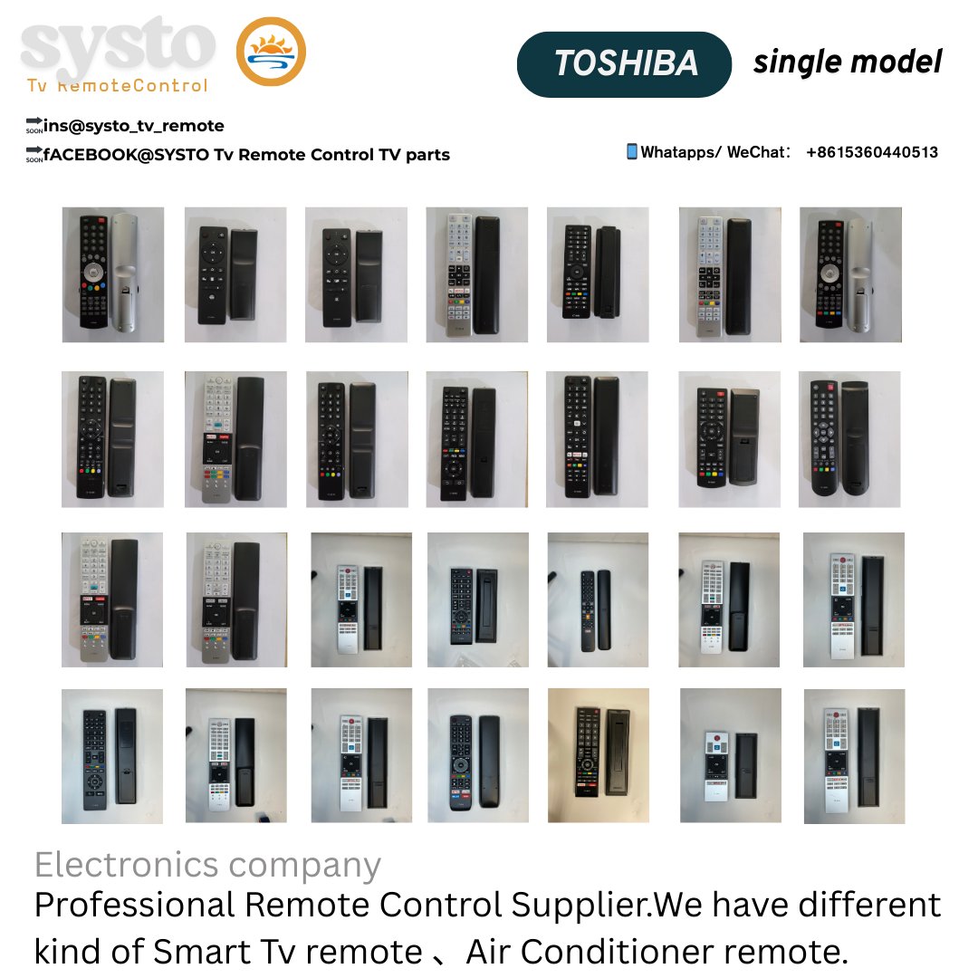 SystoRemote's tweet image. Toshiba Remote Control Series🚀🚀
Support customization single model.
🔗systo.hk
🔗systoremote.com
🔗linktr.ee/SystoOfficial
📱WhatsApp/WeChat：8615360440513

#tv #tvremotecontrol #tvremote #customiz