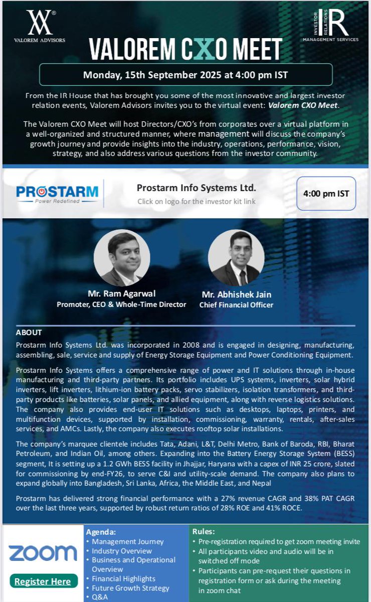 Valoremadvisors's tweet photo. CXO Alert: Join in the interesting conversation with the management of Prostarm Info Systems today at 4pm!!

To know about the company, click the link below
https://t.co/G9nmRpvLmT

To join the conversation, click and register below
https://t.co/3iEsiddUiT https://t.co/sOJ8glPY6c