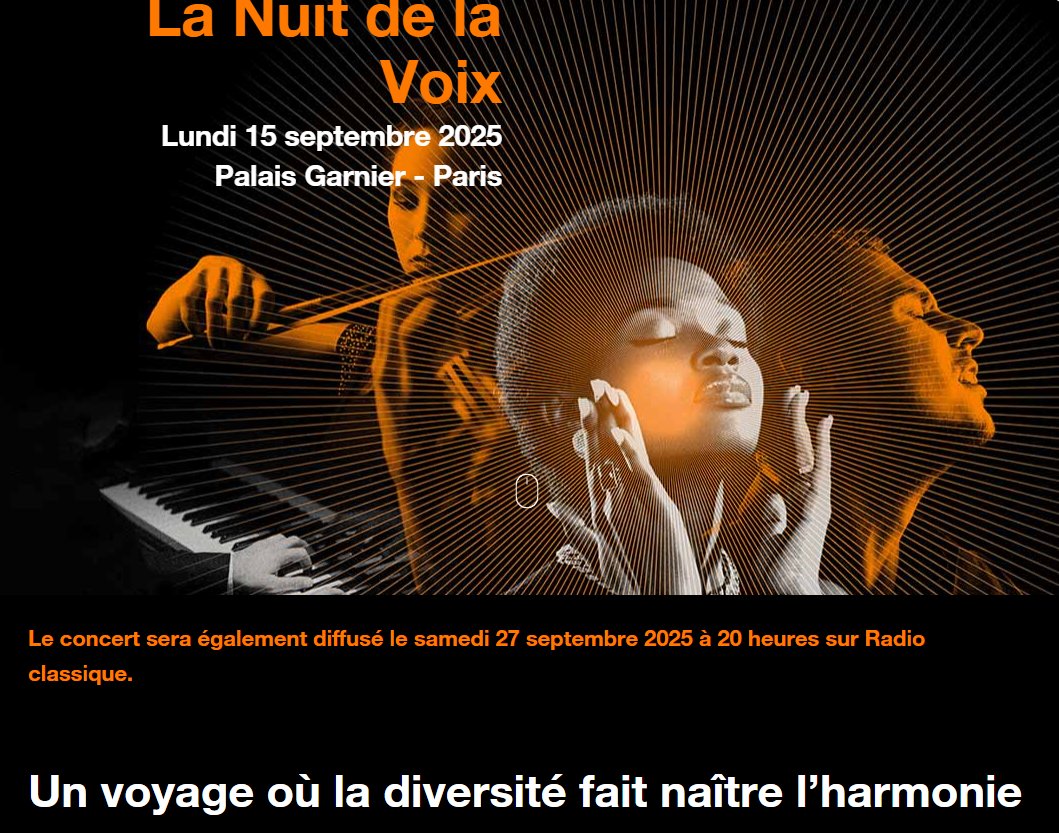 Jérôme Coeuré (@jerome_coeure) on Twitter photo Jour J pour #laNuitdelaVoix au Palais Garnier !
Un concert unique de la <a href="/FondationOrange/">FondationOrange</a>, mécène de la Musique et de la voix depuis près de 40 ans, placé cette année sous le signe de la rencontre entre les répertoires, entre les artistes de multiples horizons et continents. Jour J pour #laNuitdelaVoix au Palais Garnier !
Un concert unique de la <a href="/FondationOrange/">FondationOrange</a>, mécène de la Musique et de la voix depuis près de 40 ans, placé cette année sous le signe de la rencontre entre les répertoires, entre les artistes de multiples horizons et continents.