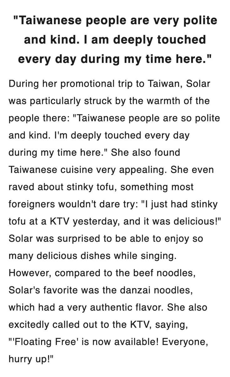DragonKazoo77's tweet photo. “Taiwanese people are so polite and kind. I'm deeply touched every day during my time here.”

“I just had stinky tofu at a KTV yesterday, and it was delicious!”

“"Floating Free" is now available (in KTV)! Everyone, hurry up!”

#SOALR #솔라 #JUKSYPLUS 250915 https://t.co/fFBd6FzcDd