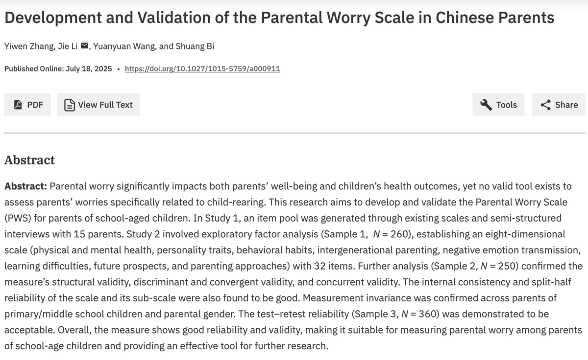 Check out this new tool, the Parental Worry Scale (PWS), developed and validated for assessing parenting-related worries in Chinese parents at econtent.hogrefe.com/doi/10.1027/10…