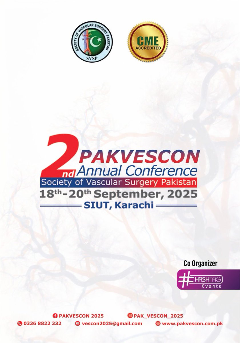 Drilyasvascular's tweet photo. 📢 Excited to announce #PAKVESCON2025 – the 2nd Annual Conference of Society of Vascular Surgery Pakistan!
18–20 Sept 2025
SIUT, Karachi
A CME-accredited event bringing innovation &amp; collaboration in Vascular Surgery.
 https://t.co/L4GxygeMzP
#VascularSurgery #MedicalConference https://t.co/giOOIkTflW