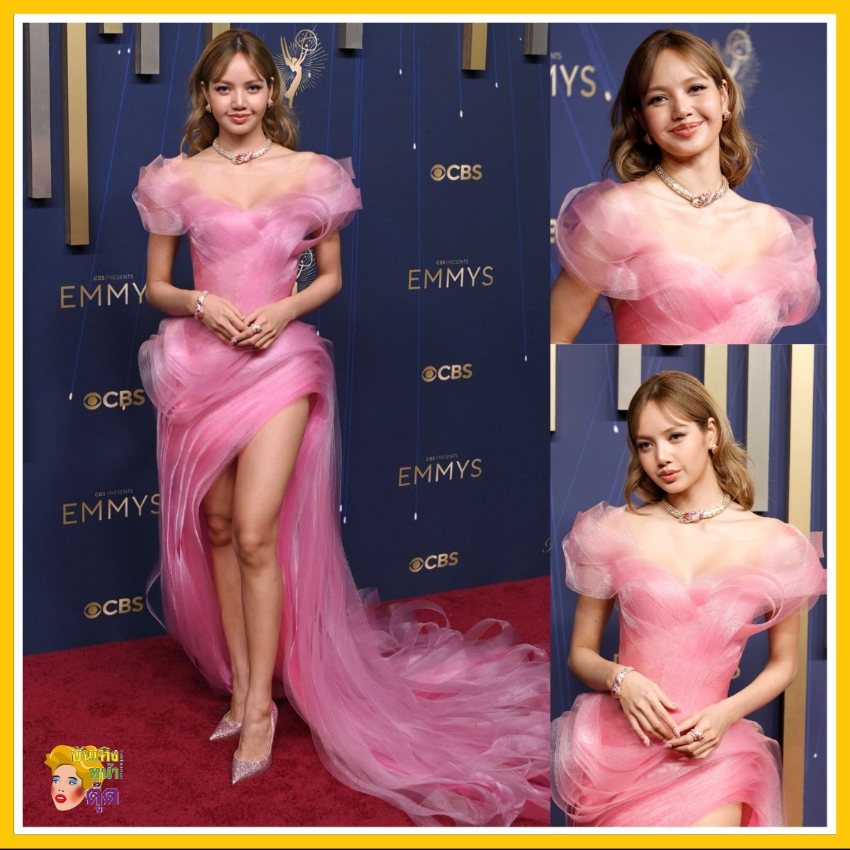 สื่อนอกยกให้ชุดของน้องลิซ่า เป็นหนึ่งในชุดที่ดีที่สุดในงาน Emmy Awards 2025 น้องลิซ่ามาในชุดเดรสสีชมพู ของแบรนด์ Lever Couture ดีไซน์โดย Lessja Verlingieri และใส่เครื่องประดับของแบรนด์ BVLGARI ที่เธอเป็น Global Brand Ambassador

น้องลิซ่ามาในฐานะบทบาทของ "มุก"  ในซีรีส์ The White