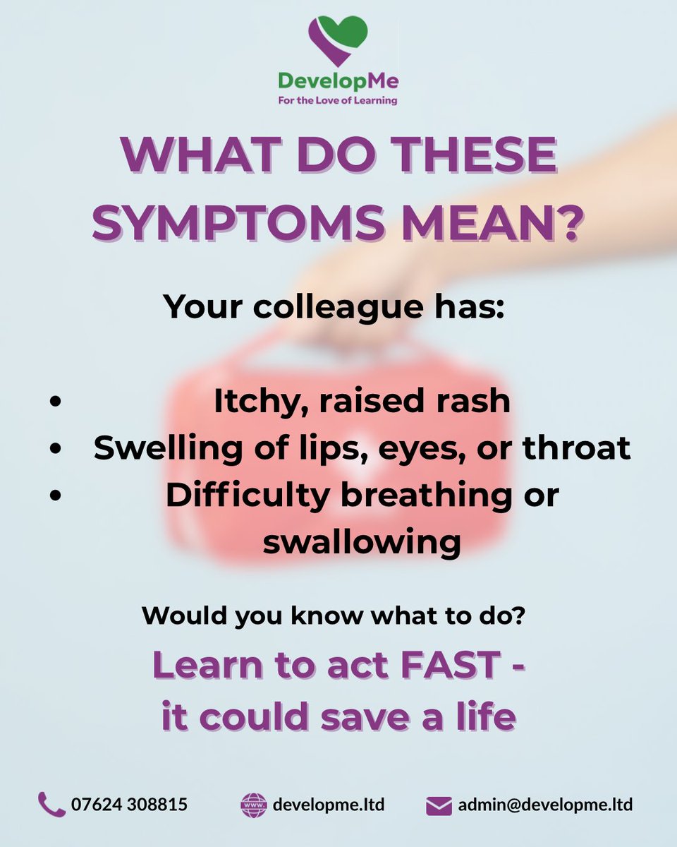 developmeltd's tweet image. 💡 ANSWER: A severe allergic reaction 
Swelling, rash, trouble breathing? 🚨 These could be signs of a severe allergic reaction (anaphylaxis). Always call 999 immediately - early action saves lives. 💙 
#Anaphylaxis #FirstAid #DevelopMe