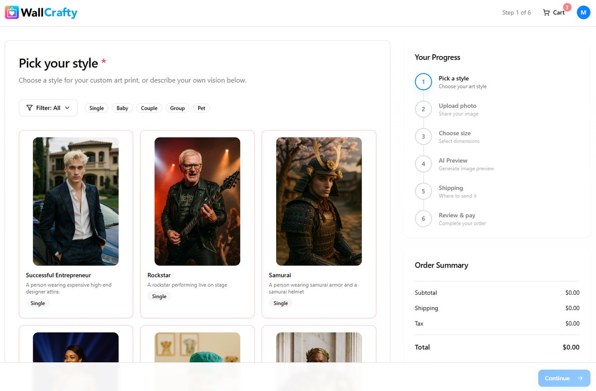 mike_onpurpose's tweet image. update on my automated ecom project @Wall_Crafty 

i have simplified the image generation process. 

i have removed the need for typing. users can now click on the design and it will generate the image on step 4.

link in bio. its free if you want to try.
