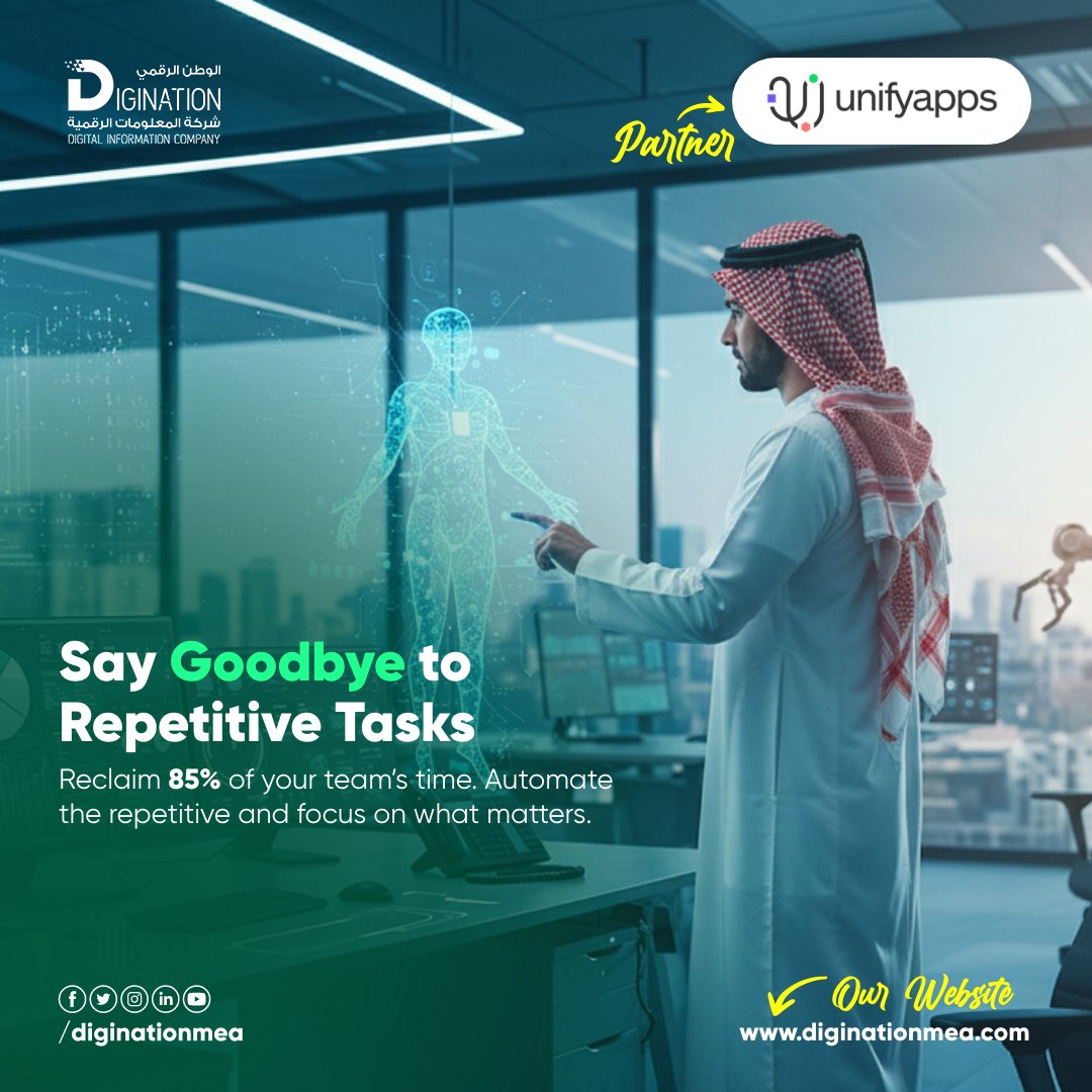 Diginationmea's tweet image. Why waste time on tasks AI can handle? ​

With UnifyApps, you can eliminate 85% of repetitivework. That’s more time for creativity, innovation,and growth. ​
​
Ready to work smarter, not harder?​

#WorkSmarter #UnifyApps #Automation #AITools #EnterpriseEfficiency #TimeSave