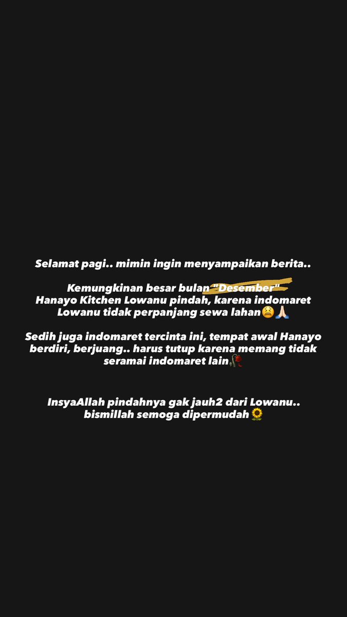 Di samping kabar bahagia Hanayo buka cabang di seturan, terselip kabar sedih juga.. Hanayo Kitchen Lowanu terpaksa pindah karena indomaret lowanu sangat sepi bangkrut😭😔💔

Tempat yg menjadi saksi bisu awal perjuangan Hanayo dimulai, sampai alhamdulillah bisa di titik ini:')