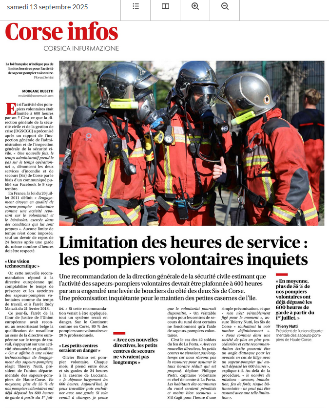 sis_2b's tweet photo. La menace de limitation du temps de service ⏲️des sapeurs-pompiers volontaires 🚒 pourrait fragiliser notre modèle de sécurité civile, notamment dans le rural. Merci à @Corse_Matin d’en parler ⤵️ https://t.co/2lzPLA8Y2S