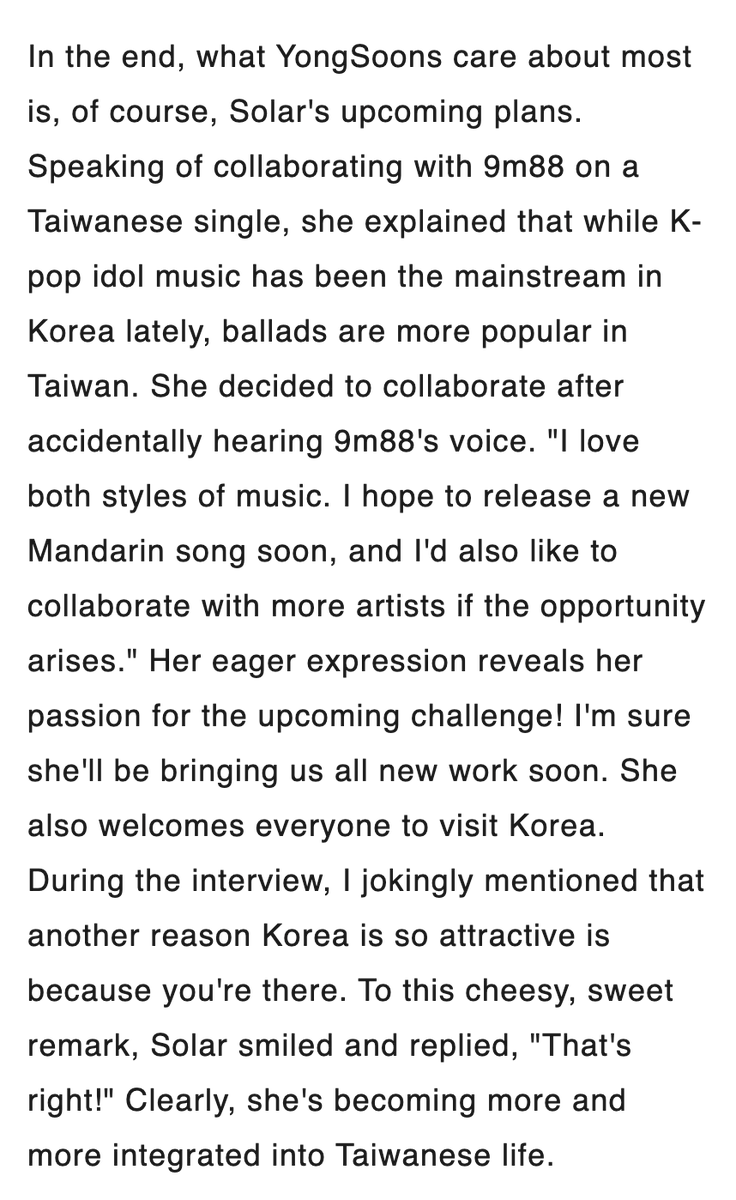 DragonKazoo77's tweet photo. “K-pop idol music has been the mainstream in Korea lately, ballads are more popular in Taiwan.”

“I love both styles of music. I hope to release a new Mandarin song soon, and l'd also like to collaborate with more artists if the opportunity arises”

#SOALR #솔라 #JUKSYPLUS 250915 https://t.co/BAeewdiRfL