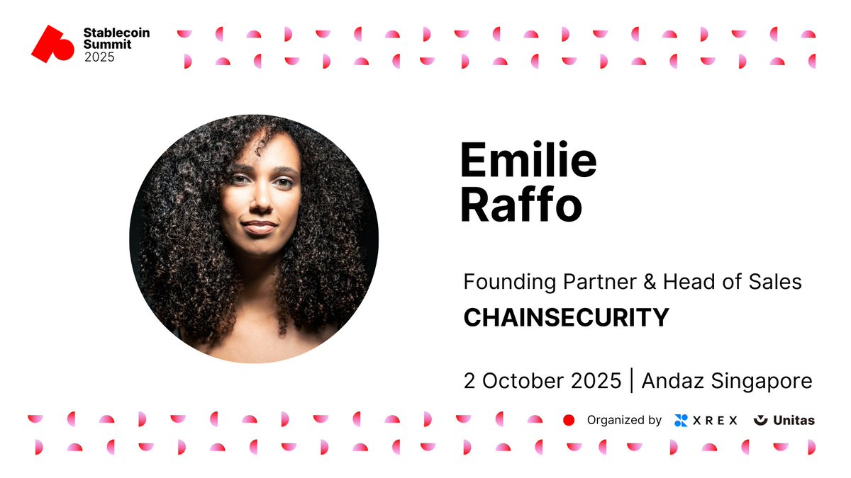 🎙️ <a href="/EmilieRaffo/">Emilie | ChainSecurity</a>, Founding Partner &amp; Head of Sales, <a href="/chain_security/">ChainSecurity</a>

Emilie will lead the discussion on what drives stablecoin liquidity across markets, and how design, infrastructure, and policy shape global scale.

Join her at Stablecoin Summit.

📌 Andaz Singapore
🗓️ 2 Oct