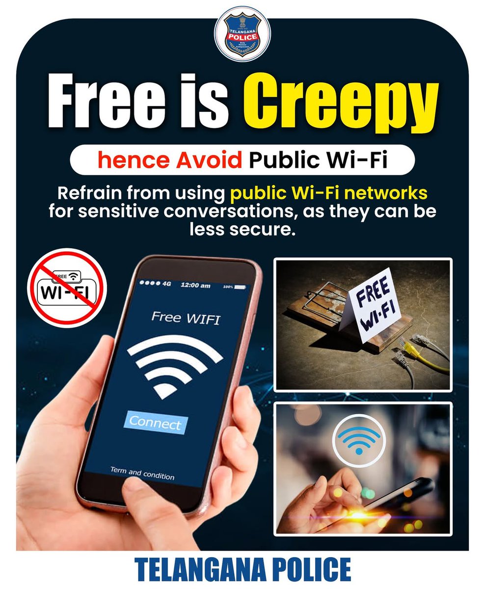 Public Wi-Fi is a hacker’s playground. Don’t be the target. 🎯
 Think before you connect! 🔐 Free Wi-Fi can cost your data.#tgconnect1930
#cyberabadpolicexinfluencers
#unitedagainstcybercrime