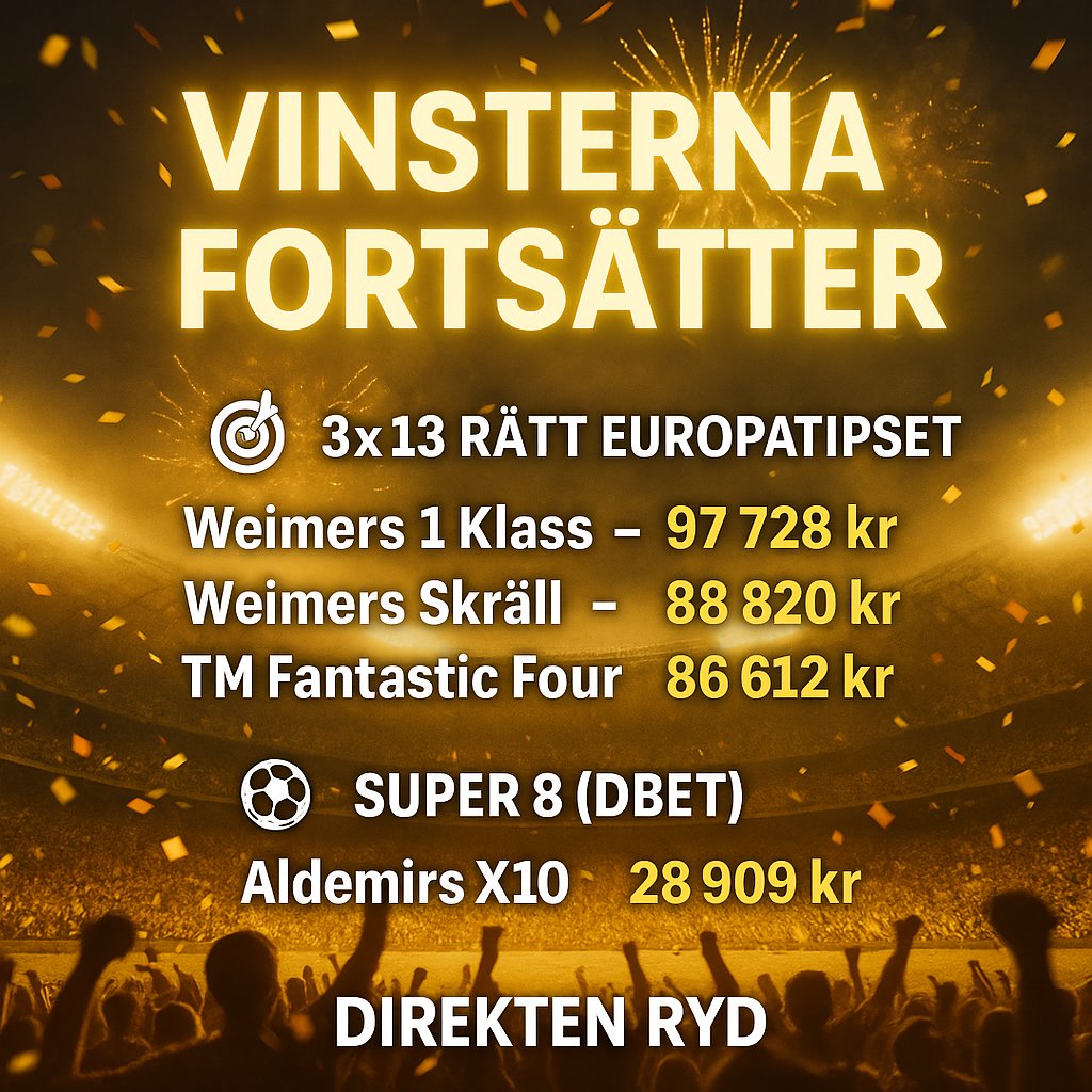 DirektenR's tweet image. ✨ Vilken avslutning på veckan! Formen levererar.

Idag väntar nya chanser:
💰 250 000 kr extra i potten på Topptipset
👉 bettingstugan.se/andelar  

💎 1,1 miljon i jackpot på Super 8 (DBET)
👉 trk.affiliates.dbet.com/o/XAEFON?lpage… 

#Topptipset #Super8 #jackpot #braform #betting #miljonjakt