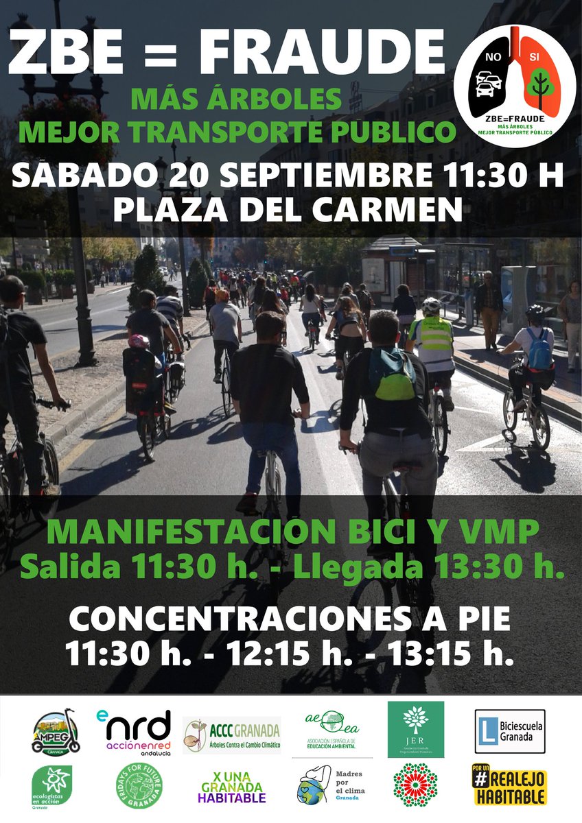 ZBE Granada=fraude. 3 cambios: trámites para acogerse a excepciones, más automóviles censados en Granada y clientes asegurados para parkings.
Sáb20sept. 11:30h. Manifestación 🚲🛴y concentraciones🧍Queremos más🌳y mejor transp público. #ZBEGranadaFraude enbicialtrabajo.wordpress.com/2025/09/12/man…