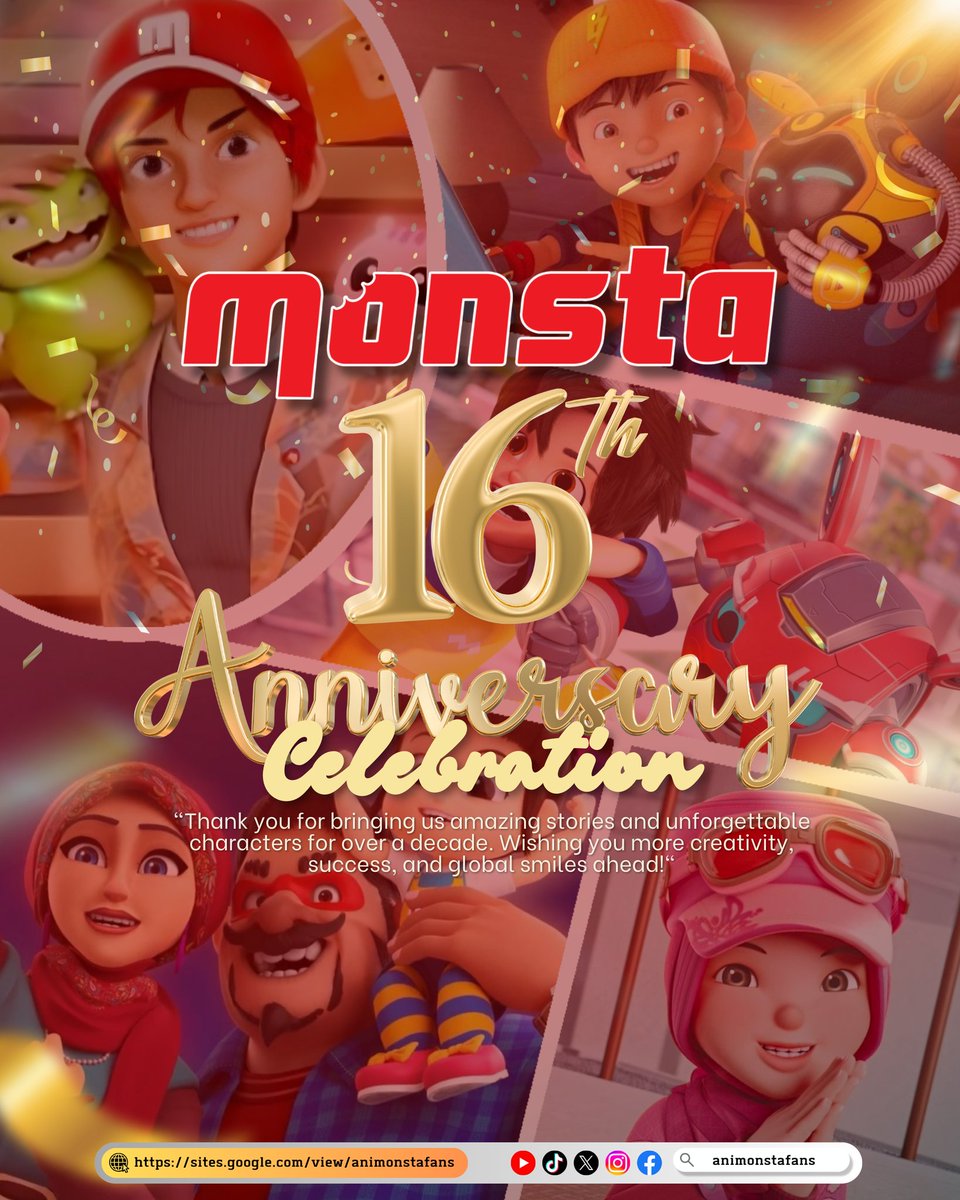 "Happy Anniversary ke-16, #Monsta! 🎂✨ Terima kasih sudah menemani kami dengan animasi yang penuh imajinasi, tawa, dan inspirasi. Semoga Monsta terus berkembang dan selalu menghadirkan karya yang membanggakan dunia."
#Monsta16Anniv #15Sep #BoBoiBoy