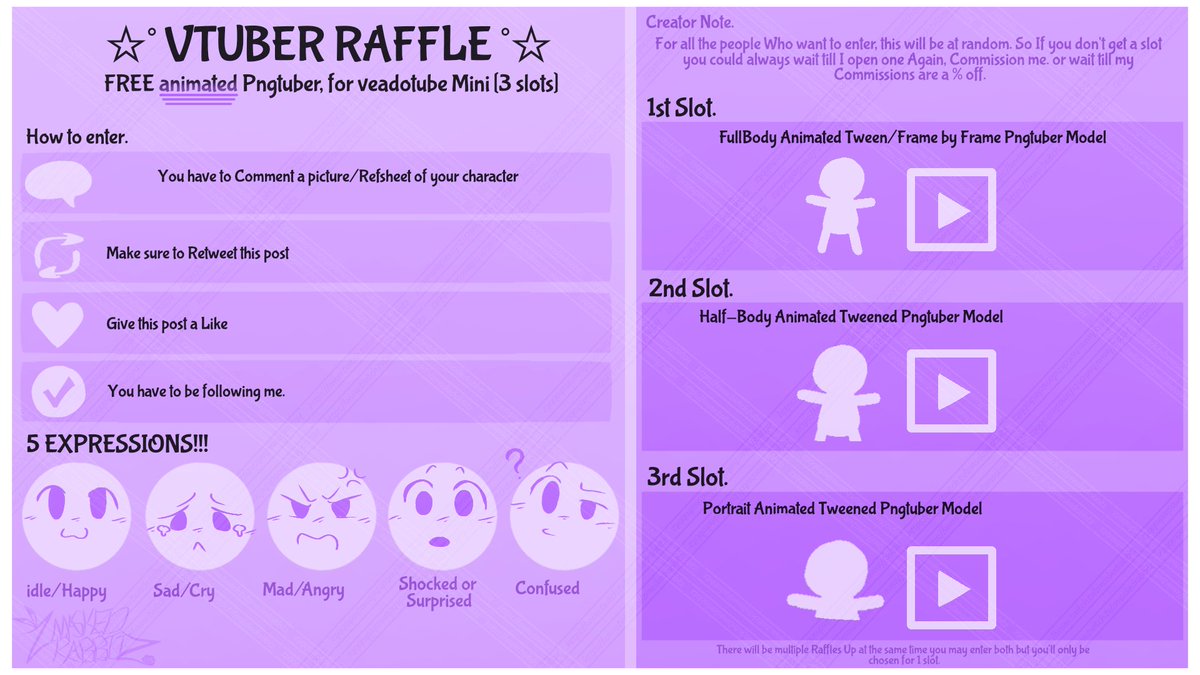 ZMaskedRabbitZ's tweet image. ☆•°Vtuber Raffle°•☆
F R E E!!! Animated Pngtuber [3 slots]

How to enter?
🗨 Comment a Refsheet of your character
♻️ Retweet this Post
❤️ Like This Post 
✔️ Make sure to Follow Me

Ends on Nov 12th 2025
#Vtuber #vtuber #Raffle