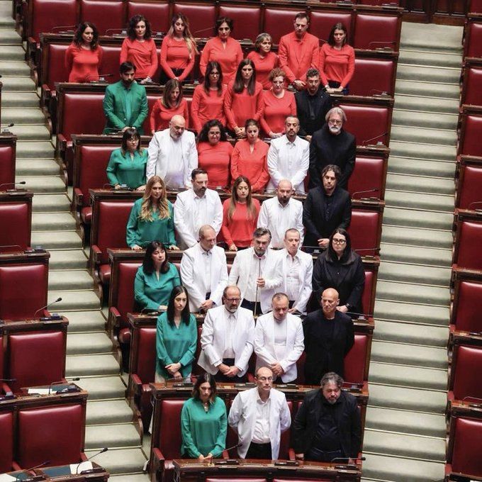 Italian MPs seated in a parliamentary chamber with red chairs. Some wear red shirts, others green shirts, and some white shirts, forming a pattern resembling the colors of the Palestinian flag. Individuals are positioned in rows, some standing and some sitting.