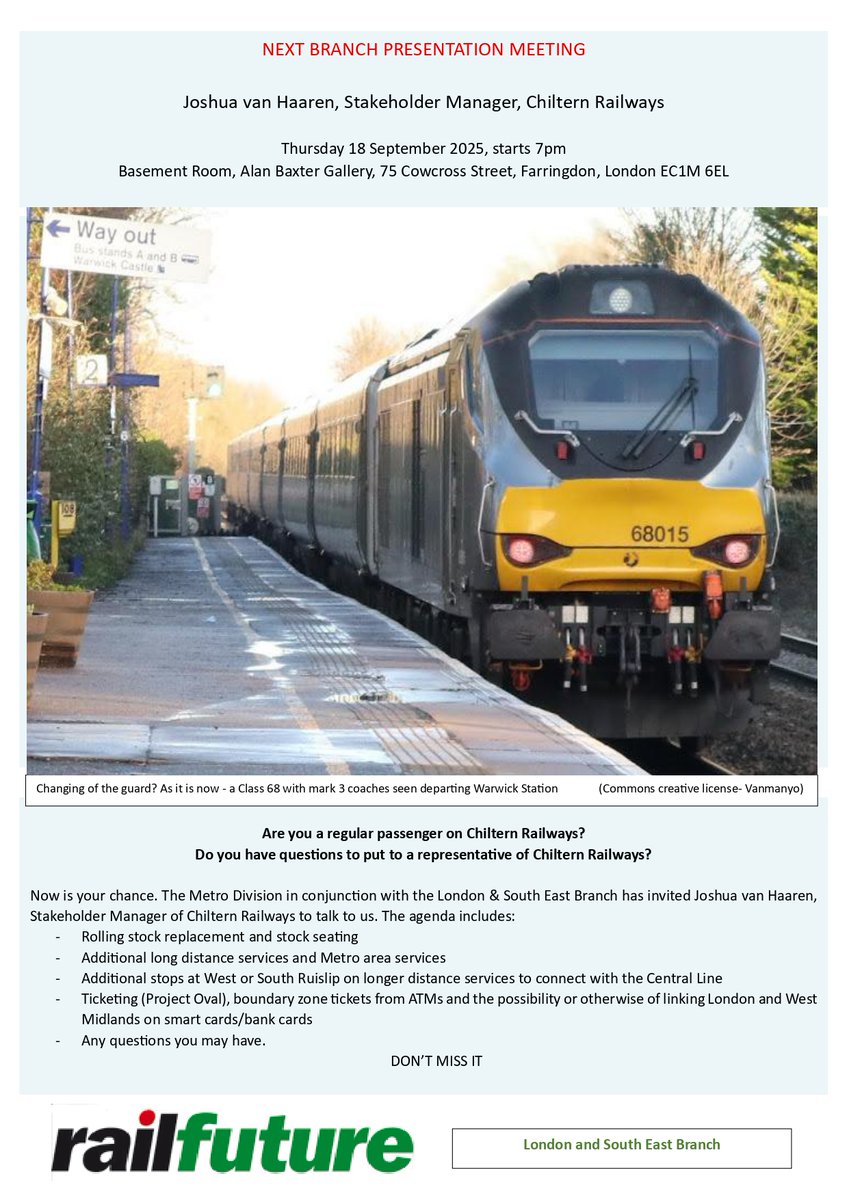 Do you, or might you travel on <a href="/chilternrailway/">Chiltern Railways</a> services? If so, come along to our branch meeting to here an update from them. Near Farringdon station, 7pm this Thursday.