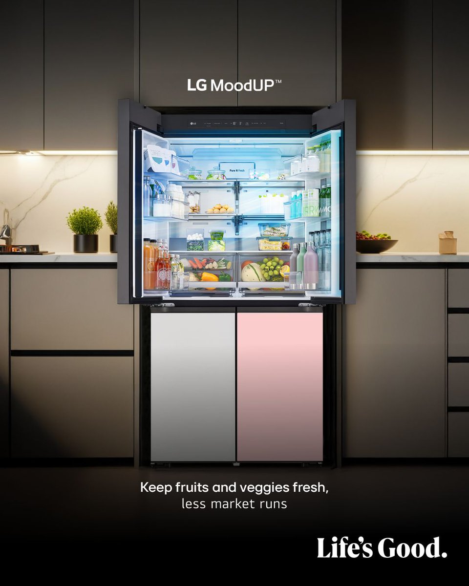 LGAfrica1's tweet image. The LG MoodUP™ Refrigerator keeps your fruits and veggies fresher for longer, so you enjoy healthier meals and save more time. 
Freshness, convenience, and style all in one fridge! 

Learn more: spr.ly/6015AKTgf

#LGMoodUP #SmartRefrigerator #LifeWithLG #SmartLiving…