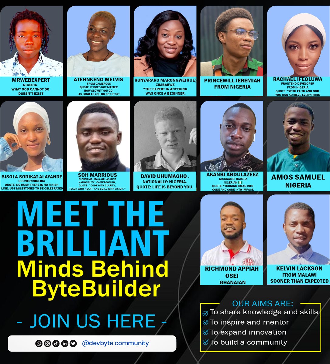 Devbytecomunity's tweet image. Shoutout to the true heroes of Africa!
Our DevByte ByteBuilder Bootcamp 2025 tutors from 🇲🇼 Malawi, 🇨🇲 Cameroon, 🇳🇬 Nigeria & beyond are on a mission to train 100+ students this year.
🔥 DevByte is proud!
#DevByteCommunity #ByteBuilderBootcamp #TechForAfrica