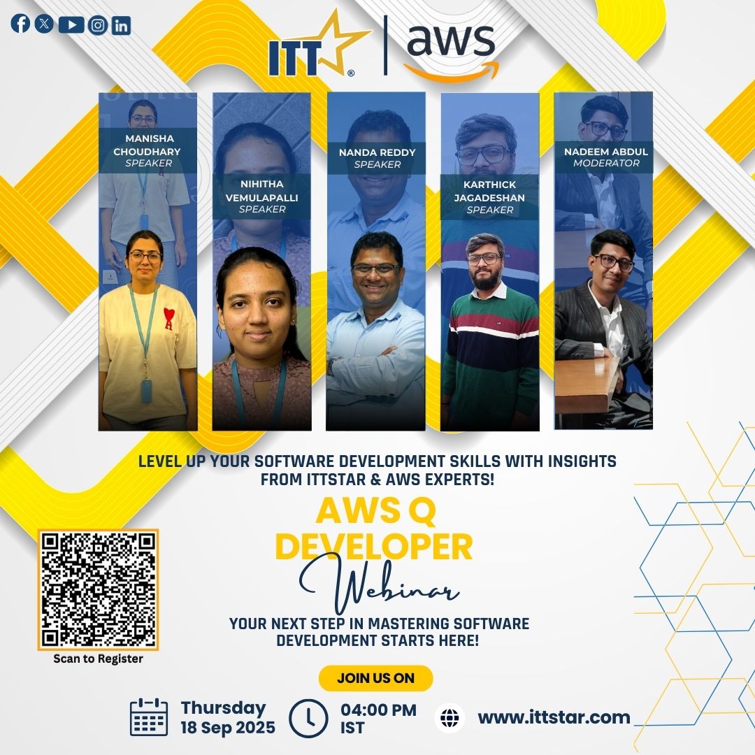 Team_ITTStar's tweet image. Join us on Sept 18, 4 PM IST for an exclusive Amazon Q Developer #webinar with experts from AWS & ITTStar:
Nihitha Vemulapalli
Manisha Choudhary
Nanda Reddy
Karthick Jagadeshan
Moderated by Nadeem Abdul.
Register now: live.zoho.in/esyq-kdq-avc
#ITTStar #AWS #AmazonQDeveloper
