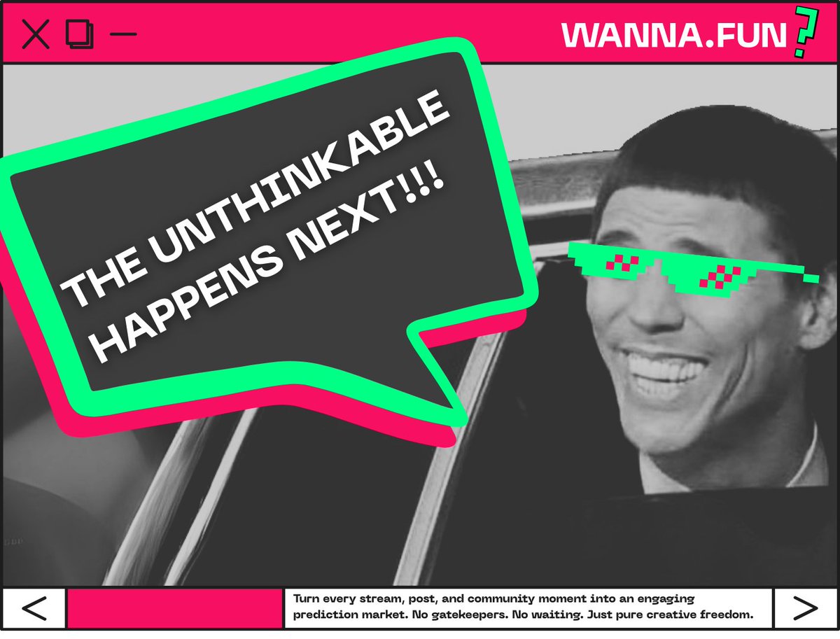 WANNA ? (@wannabotbet) on Twitter photo We're about to do something so insane that every founder in Web3 will think we've lost our minds.
Maybe we have.
But what <a href="/wannadotfun/">WANNA.FUN❔</a> announces next will break every rule about how platforms are supposed to work.
Prediction markets, content creators, crypto degens—you're not We're about to do something so insane that every founder in Web3 will think we've lost our minds.
Maybe we have.
But what <a href="/wannadotfun/">WANNA.FUN❔</a> announces next will break every rule about how platforms are supposed to work.
Prediction markets, content creators, crypto degens—you're not