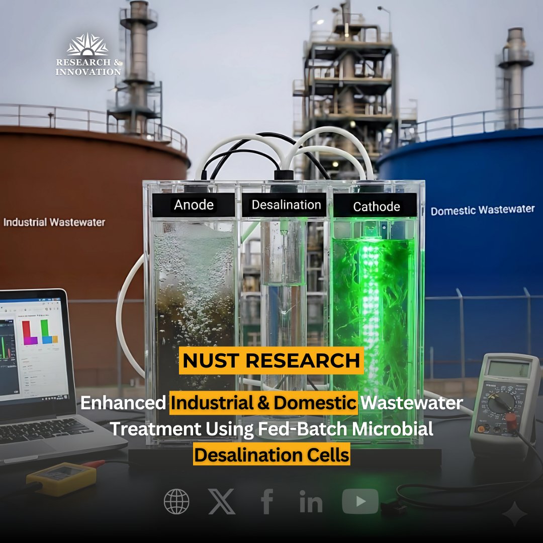Research_NUST's tweet photo. Dr. Zeshan #NUST has advanced #Photosynthetic Microbial Desalination Cells system that desalinate water, treat #wastewater & generate #energy. Using #algae as a catalyst, achieved 276 mV output, 83% #pollutant removal & 27% #desalination, for #sustainable water-energy solutions. @SpringerNature #NUSTResearch
https://t.co/Ptped3JMyO