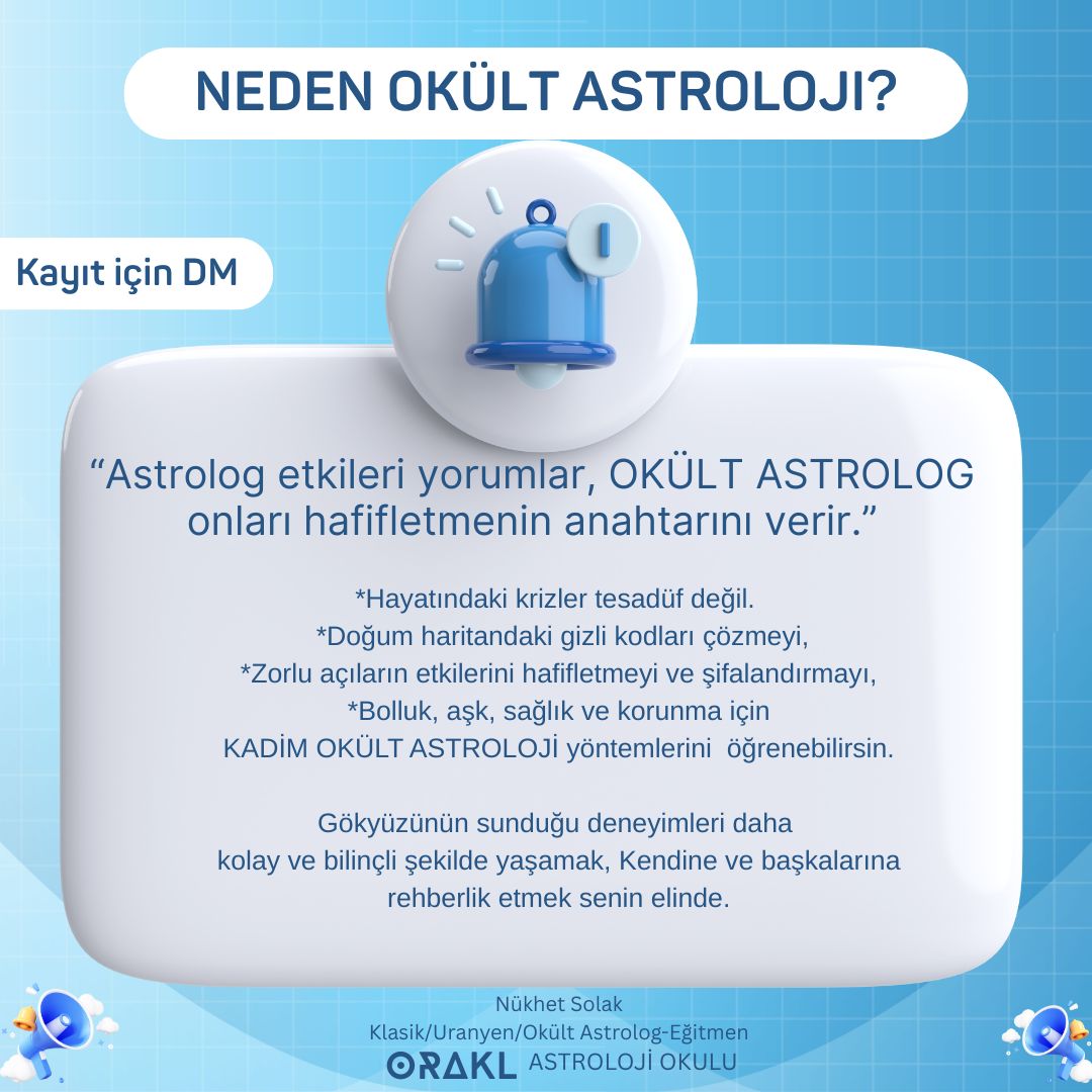 Okült Astroloji &amp; Kişisel Esma Çalışmaları 
Okült Astroloji ise sadece kendiniz için değil, danışanlarınıza da şifa reçeteleri sunar. “Peki şimdi ne yapmalıyım?” ve “Bu konuyu nasıl sağaltabilirim?” sorularına cevap verir. Okült Astroloji Eğitimim başlıyor.

#astrolojieğitimi