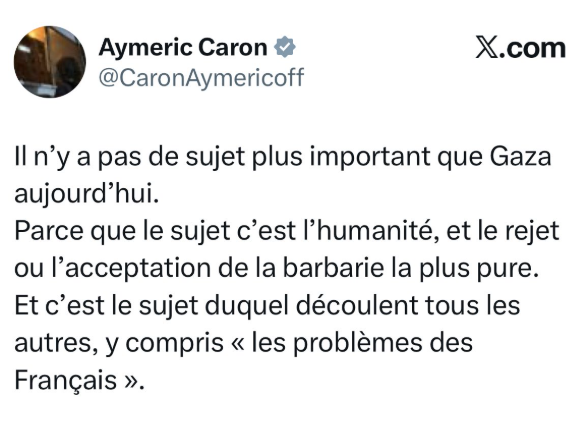 Selon Aymeric, absolument "tous les problèmes des Français" découlent de Gaza : les embouteillages au péage de Saint-Arnoult, le sandwich SNCF au thon à 6,90€, ou les fuites d’eau qui apparaissent juste après les travaux.