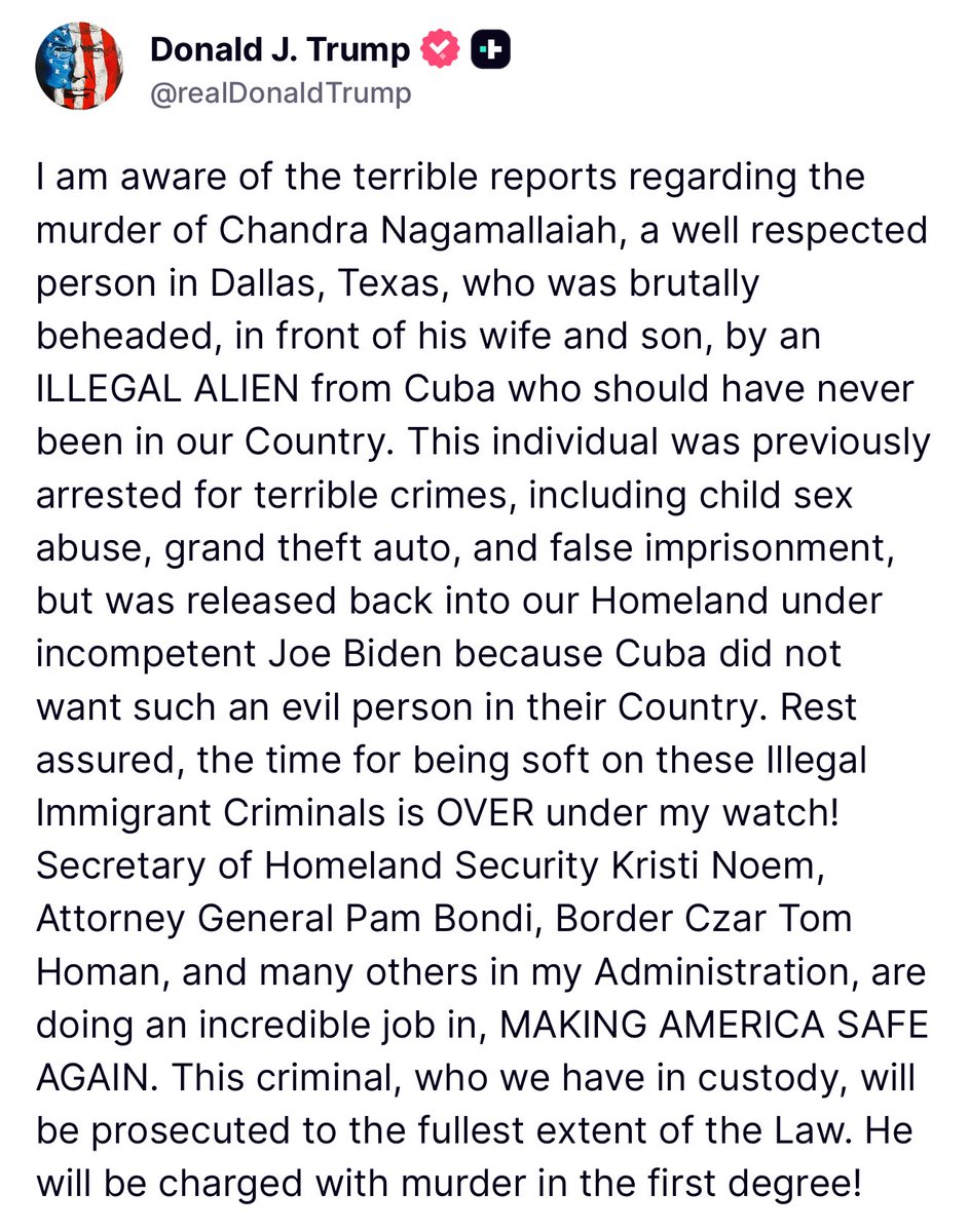 TrumpUpdateHQ's tweet image. President Trump posted about m*rder of Dallas motel manager Chandra Nagamallaiah who was  beheaded by an Illegal alien.

He will be charged with m*rder in the first degree.