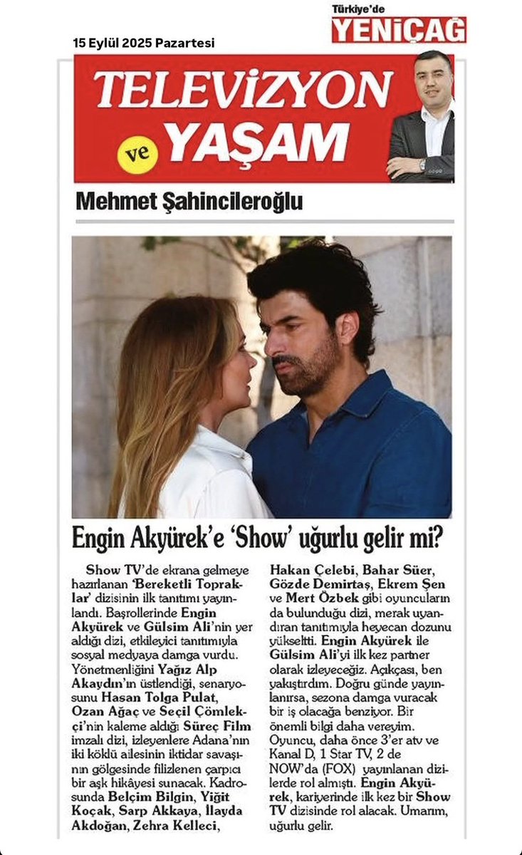 Yeniçağ Gazetesinde Bugün ✨️
"Başrollerinde #EnginAkyürek ve #GülsimAli'nin yer aldığı dizi, etkileyici tanıtımıyla sosyal medyaya damga vurdu."
"..Doğru günde yayınlanırsa, sezona damga vuracak bir iş olacağa benziyor."
#BereketliTopraklar #NevEr