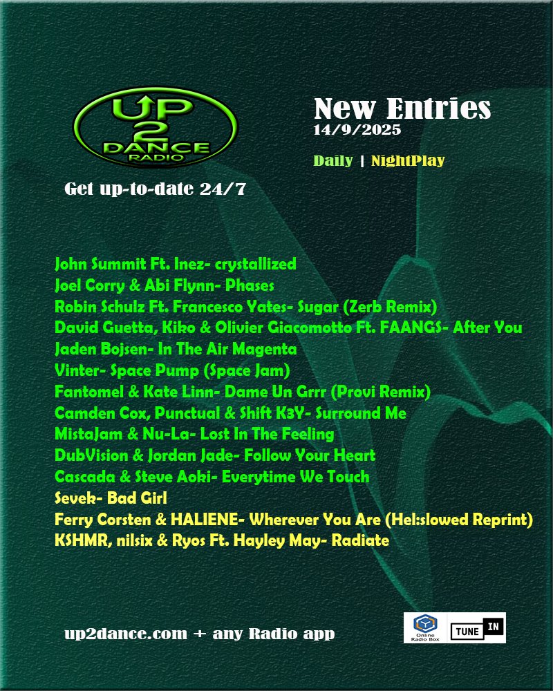 This is the NEW entries to our daily playlist this week 📢

Discover them FIRST Every Saturday night &gt; up2dance.com 📟
.
 #up2danceradio #up2danceplaylist #NightPlay #NowPlaying #PlayNow #dancemusic #HouseMusic #edmmusic #popmusic #partymusic #freshmusic #year2025