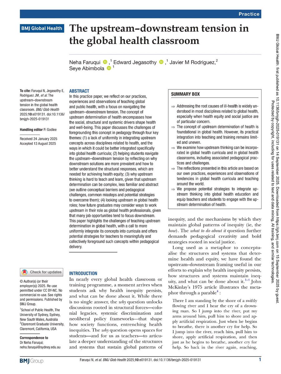 Neha Faruqui (@faruquineha) on Twitter photo Teaching global health in its truth cannot be simple pedagogy with a linear approach. Here, we reflect on our practices and observations of navigating the upstream–downstream tension with global health students. <a href="/seyeabimbola/">Ṣẹ̀yẹ Abímbọ́lá</a> <a href="/javiermrodrig/">Javier M. Rodriguez, Ph.D.</a> <a href="/edjegasothy/">Ed Jegasothy</a> 
gh.bmj.com/content/10/9/e… Teaching global health in its truth cannot be simple pedagogy with a linear approach. Here, we reflect on our practices and observations of navigating the upstream–downstream tension with global health students. <a href="/seyeabimbola/">Ṣẹ̀yẹ Abímbọ́lá</a> <a href="/javiermrodrig/">Javier M. Rodriguez, Ph.D.</a> <a href="/edjegasothy/">Ed Jegasothy</a> 
gh.bmj.com/content/10/9/e…
