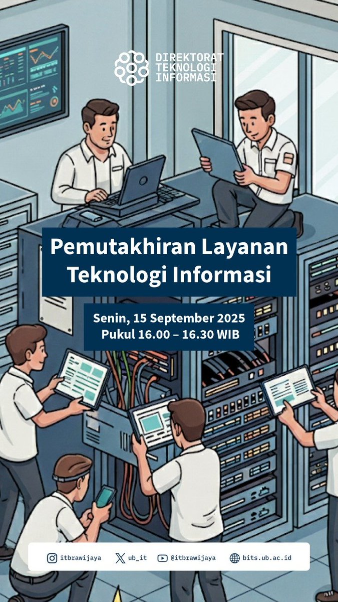 UB_IT's tweet image. Dalam rangka peningkatan kualitas layanan TI di UB, kami beritahukan bahwa akan dilaksanakan perawatan infrastruktur server aplikasi layanan TI pada Senin 15 Sept 2025 jam 16.00 – 16.30 WIB. Daftar layanan perawatan TI bisa dilihat di bits.ub.ac.id/id/pengumuman-… @UB_Official