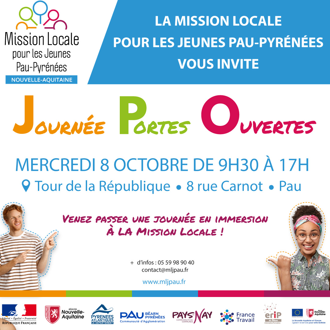 🙋À vos agendas 

👉La Journée Portes Ouvertes de la Mission Locale pour les Jeunes Pau-Pyrénées se tiendra le mercredi 8 octobre, de 9h30 à 17h !

😃Nous vous donnons rendez-vous au pied de la tour de la République, 8 rue Carnot à Pau, et espérons vous retrouver nombreux