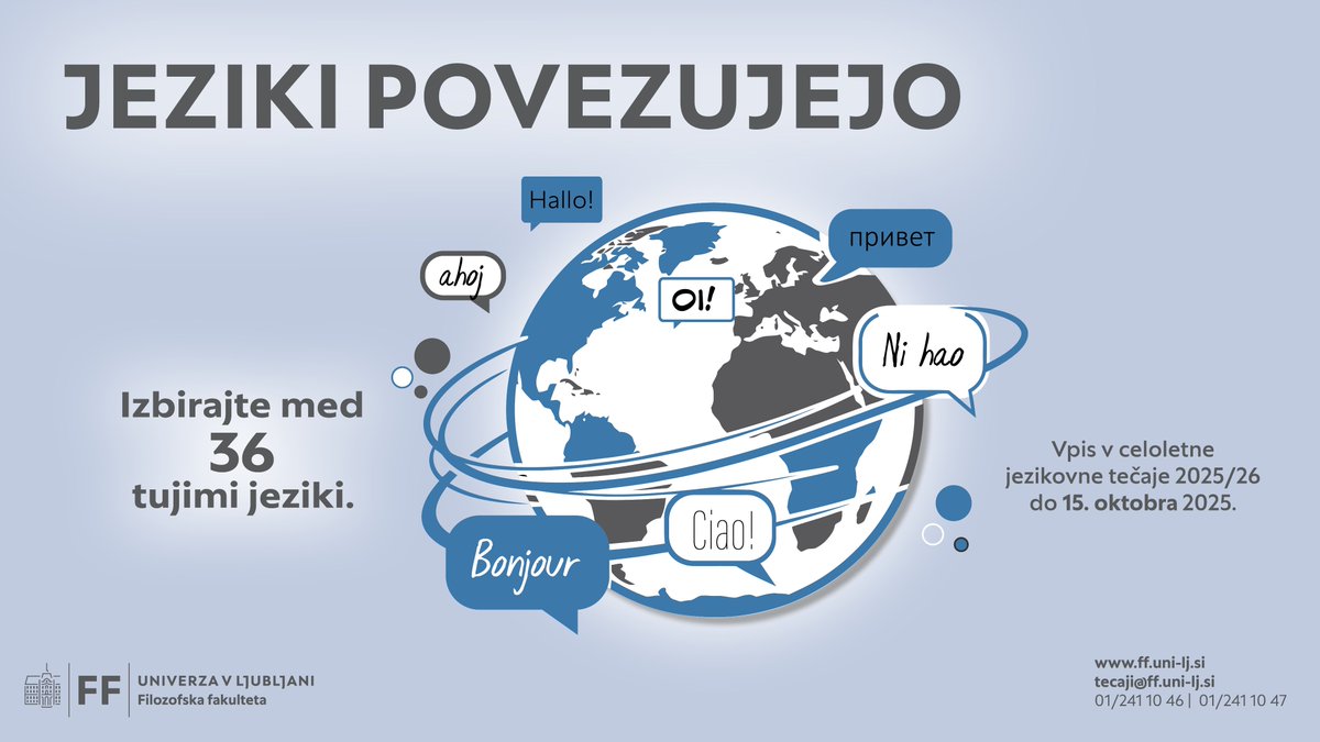 📢Center za izobraževanje <a href="/FFLjubljana/">Filozofska fakulteta UL</a> razpisuje tečaje 36 klasičnih in modernih jezikov. V študijskem letu 2025/2026 se pričnejo v tednu med 3. in 7. novembrom, vpis pa je mogoč do srede, 15. oktobra. Vabljeni k vpisu.
📎ff.uni-lj.si/izobrazevanja/…