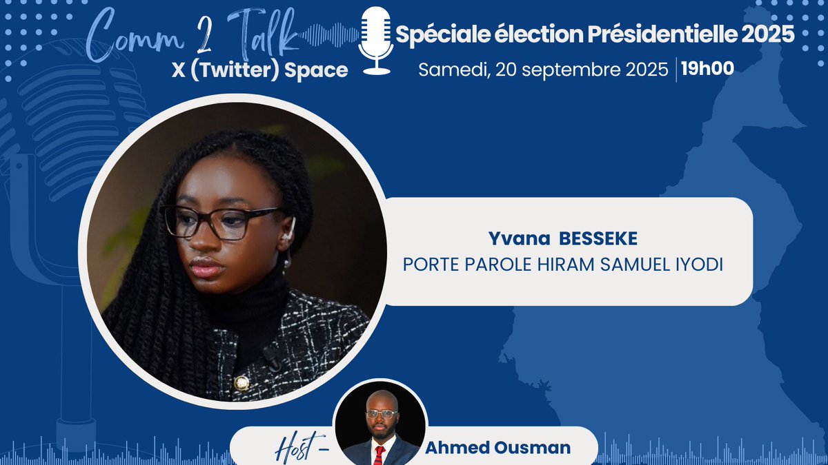 comm2talk's tweet image. 🎙️Ce samedi à 19h, lors de notre prochain Space spécial présidentielle 2025, nous recevrons @laPeriztocratie Yvana Besseke. 

Elle viendra nous présenter le programme et la vision du candidat @Mpodol_237, dont elle est la porte-parole.