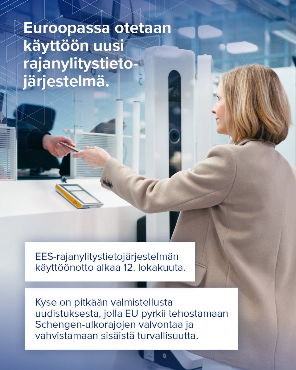 EES-Rajanylitystietojärjestelmään rekisteröidään – joitakin poikkeuksia lukuun ottamatta – EU:n ulkopuolisten maiden kansalaisten rajanylitykset, kun he ylittävät 29:n Euroopan maan ulkorajat lyhytaikaista oleskelua varten.

🔗 1/4