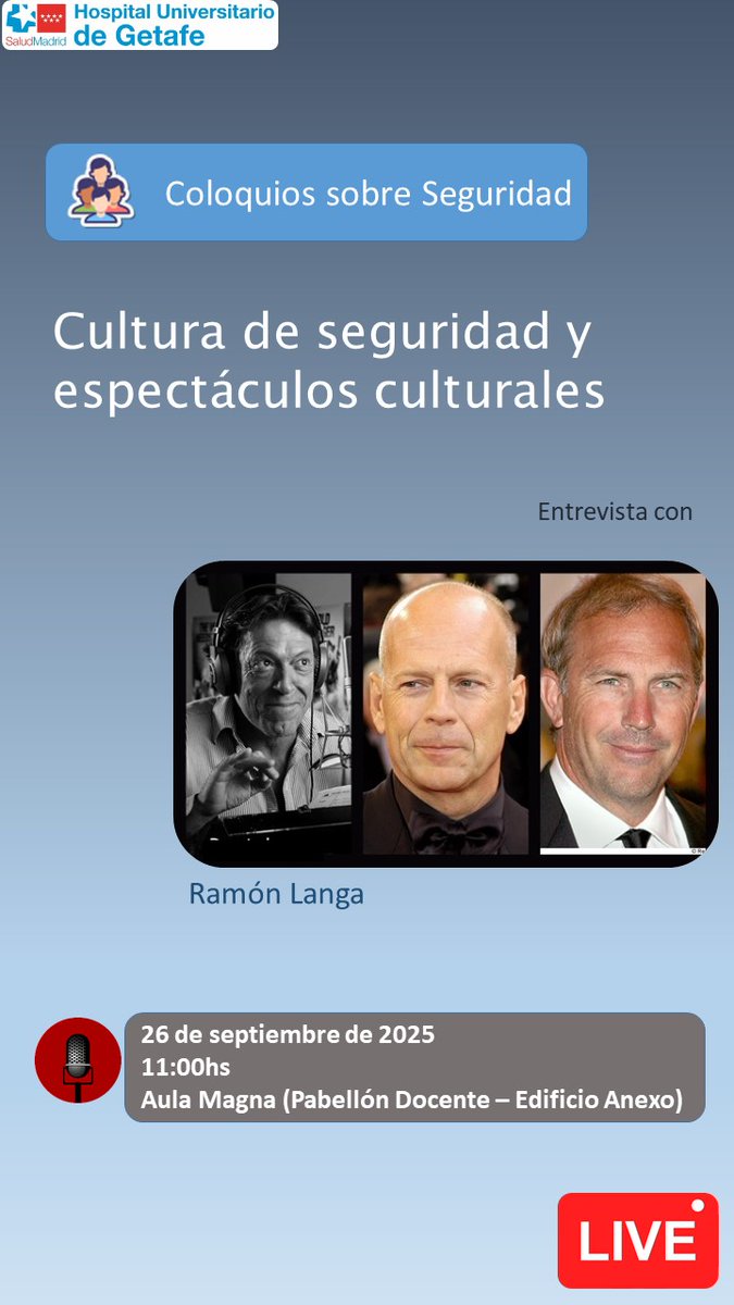 Francisco Fernández (@directfernandez) on Twitter photo El próximo 26 de septiembre, a las 11:00hs, en el #hospitaldegetafe tendrá lugar el primero de nuestros Coloquios de Seguridad, con la presencia del actor Ramón Langa, la voz habitual en Español de Bruce Willis y Kevin Costner. ¿Te apuntas? #getafeenmodolean El próximo 26 de septiembre, a las 11:00hs, en el #hospitaldegetafe tendrá lugar el primero de nuestros Coloquios de Seguridad, con la presencia del actor Ramón Langa, la voz habitual en Español de Bruce Willis y Kevin Costner. ¿Te apuntas? #getafeenmodolean