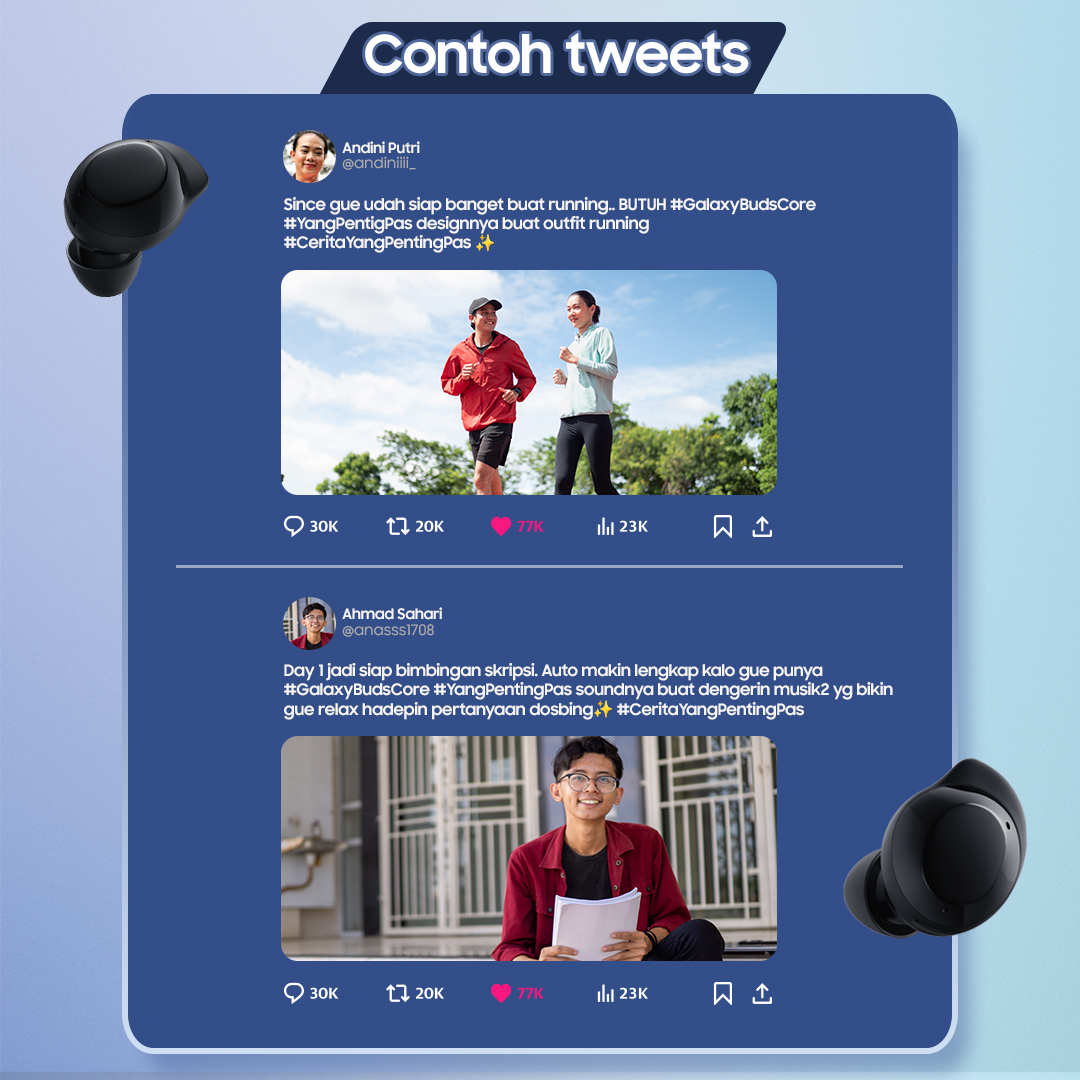 Cuma Rp700 ribuan?! #GalaxyBudsCore siap nemenin hari kamu ✨

Spill aktivitas seru versi kamu, dan dari 4 keunggulan ini… mana yang #YangPentingPas buat nemenin harimu? 🎶🙉💛

Ada #GalaxyBudsCore nungguin 2 pemenang beruntung!

Reply sebanyak banyaknya &amp; share