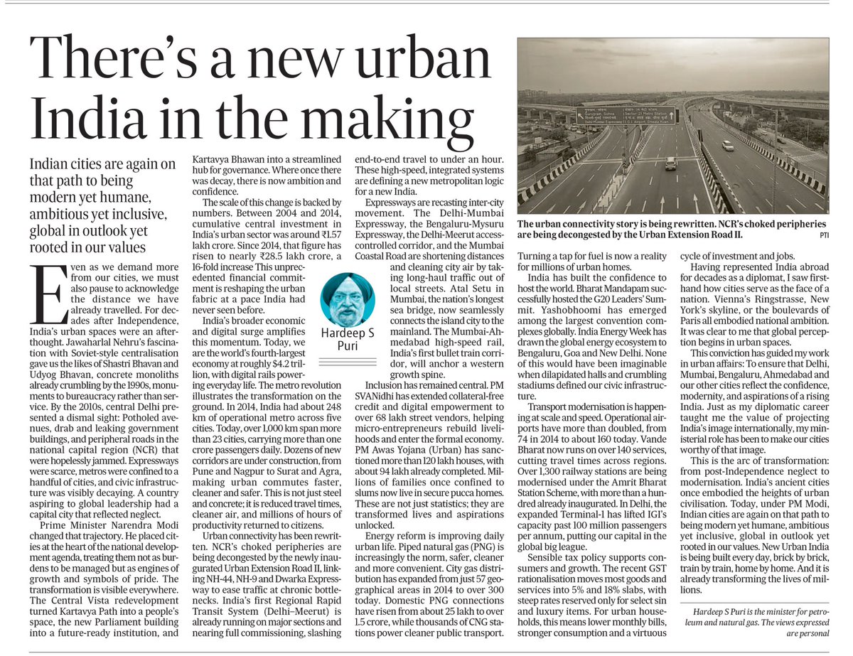 My piece outlines how PM Sh <a href="/narendramodi/">Narendra Modi</a> Ji has placed cities at the heart of the national development agenda, treating them not as burdens but as engines of growth and symbols of pride. 

Cumulative central investment in the urban sector has risen 16 fold - from ₹1.57 lakh cr