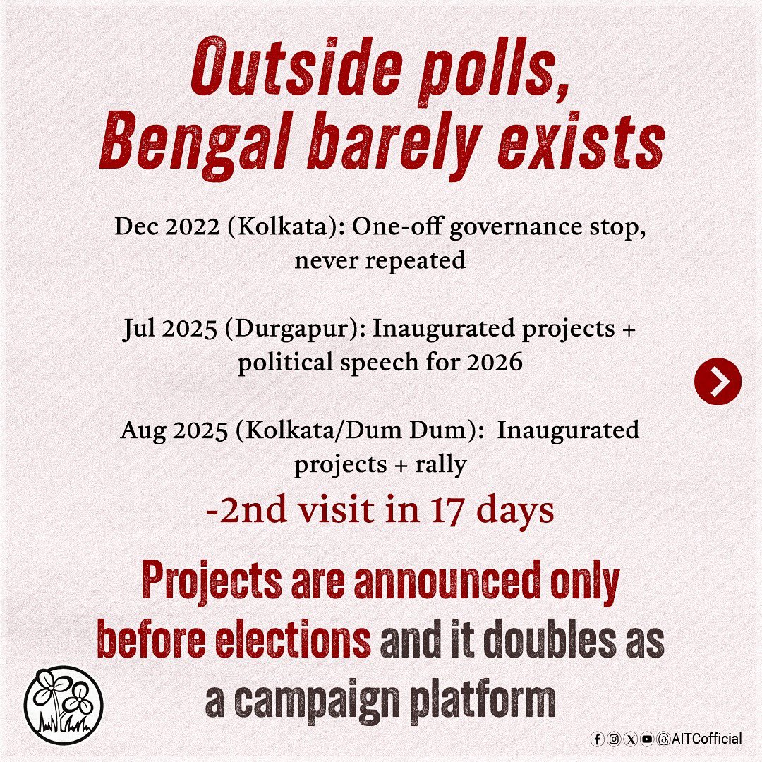 All India Trinamool Congress (@aitcofficial) on Twitter photo For <a href="/narendramodi/">Narendra Modi</a>, Bengal exists only on the calendar of elections.
Its people, its development, its future are mere backdrops to his choreographed rallies and hollow slogans. For <a href="/narendramodi/">Narendra Modi</a>, Bengal exists only on the calendar of elections.
Its people, its development, its future are mere backdrops to his choreographed rallies and hollow slogans.