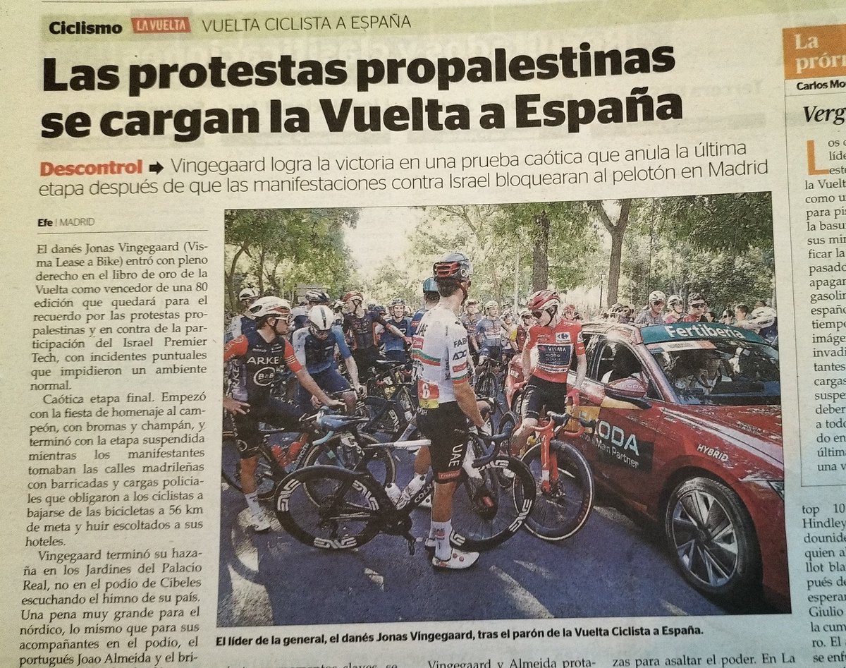 Completamente d acuerdo con la protesta por el genocidio de Israel pero, por favor, ¿no pueden repartir a otros deportes y no cargarse la vuelta? ¿Pq no paran un partido del Madrid o Barça? o q vayan a una corrida de toros y q se manifiesten. <a href="/UHmallorca/">Ultima Hora Mallorca</a> <a href="/La_SER/">Cadena SER</a> <a href="/sanchezcastejon/">Pedro Sánchez</a>