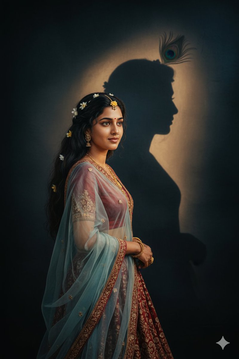 esalacupnamdhu's tweet photo. Radha Prompt :

Convert, 4k HD realistic, A stunning portrait of a young Indian woman converting her into radha with long, dark, wavy hair cascading over her shoulders.

She is wearing a translucent, elegant radha ji dress draped over one shoulder, revealing a fitted blouse with simple elegant heavy lehenga. flowers are tucked as a jwellery. She is looking slightly to her right, with a soft, serene expression. I want same face as I uploaded no alternation 100 percent same. The background is a plain, blackish & bluish-toned wall, illuminated by a warm light source from the right, creating a krishna ji profile and hair with single peacock feather in head on the wall behind her. The overall mood is retro and artistic.