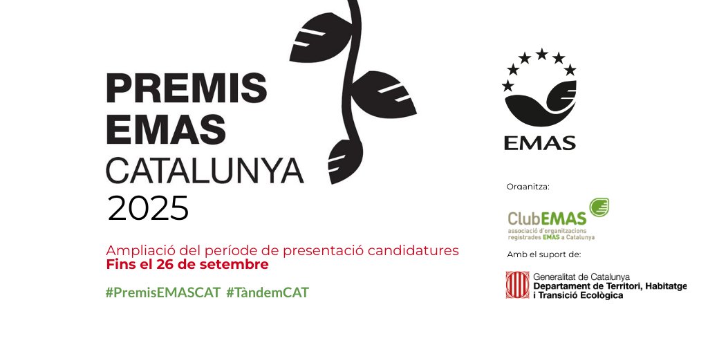 Important: Ampliem el període per presentar candidatures als #PremisEMASCAT Si ets, #EMAS presenta candidatura. I, si no ets #EMAS però has fet una col·laboració amb una entitat presenta-la al millor #TàndemCAT Tota la info clubemas.cat/ca/premisemas/… Amb el suport <a href="/territoricat/">Territori</a>