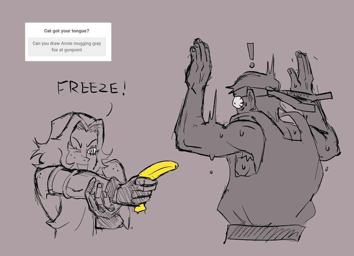 I lost my weapon privileges but it doesn’t matter because gray fox thinks that a banana is still very dangerous (he’s a picky eater) 
 
have a happy glowfox Monday 🌟🦊

art req by @/sinistersharkk