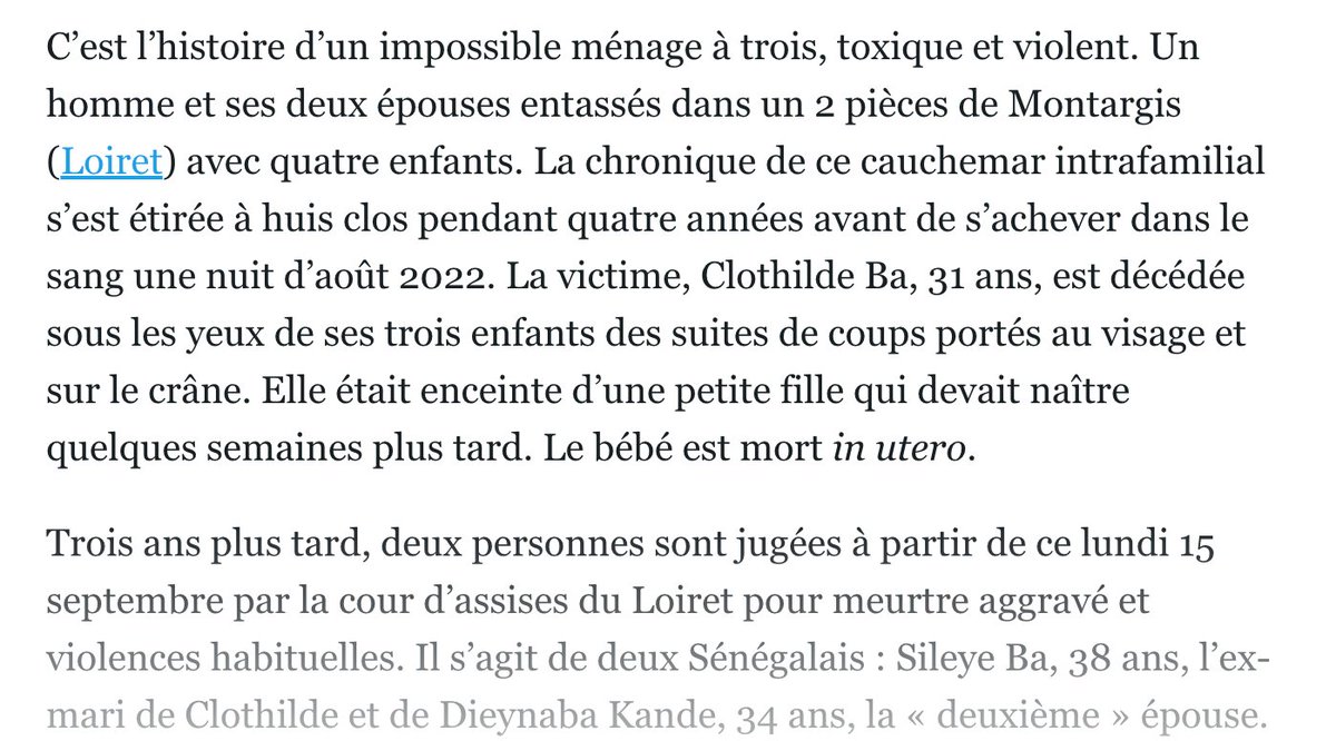 Un Sénégalais polygame tue sa première femme Clothilde avec l'aide de sa seconde femme Dieynaba. Pour Le Parisien, c'est un "ménage à trois" balzacien.